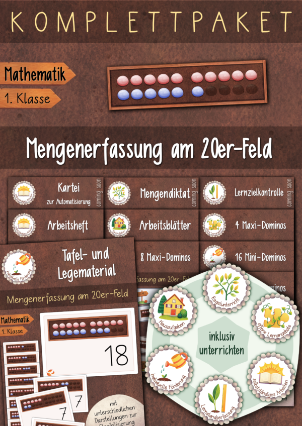 Materialbundle mit verschiedenen Unterrichtsmaterialien zum 20er-Feld. Mengenerfassung in Förderunterricht, Klassenunterricht und Hausaufgaben.