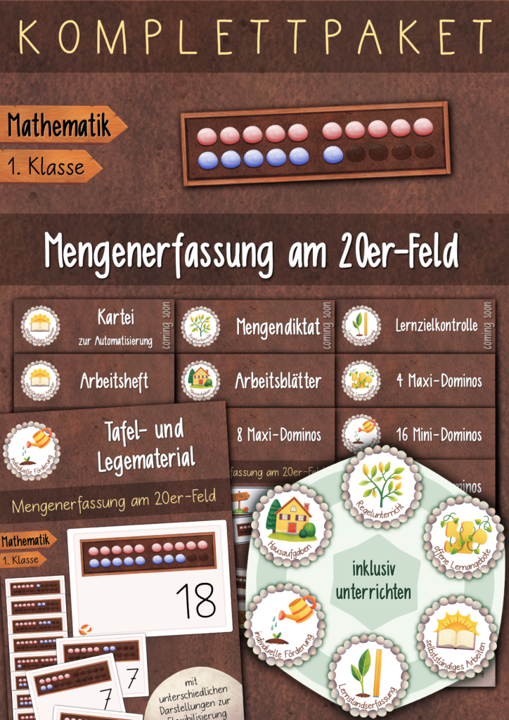 Materialbundle mit verschiedenen Unterrichtsmaterialien zum 20er-Feld. Mengenerfassung in Förderunterricht, Klassenunterricht und Hausaufgaben.